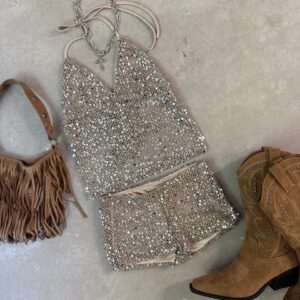 Top Triangulo Lentejuelas Halter Espalda Descubierta Negro