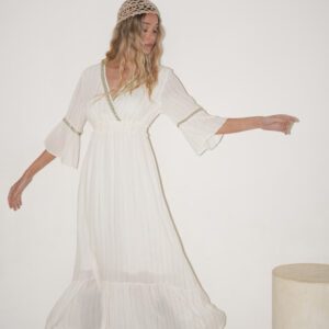 Vestido Micaela Midi Gasa Estampada Lurex Escote Cruzado