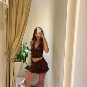 Pollera Mini Volados Bordada Chocolate Boho Chic